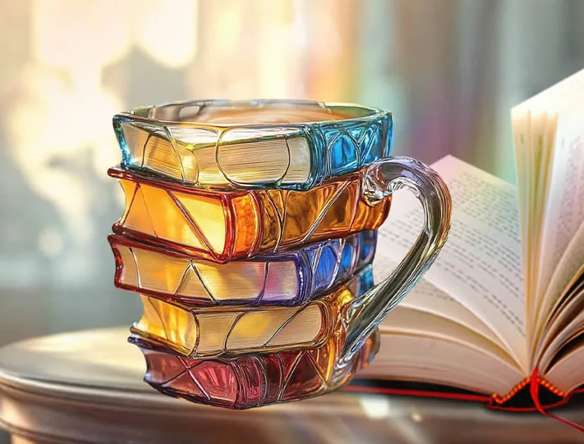 Vueeze BookHaven Mug, a 3D book mug in colored glass shaped like a stack of books